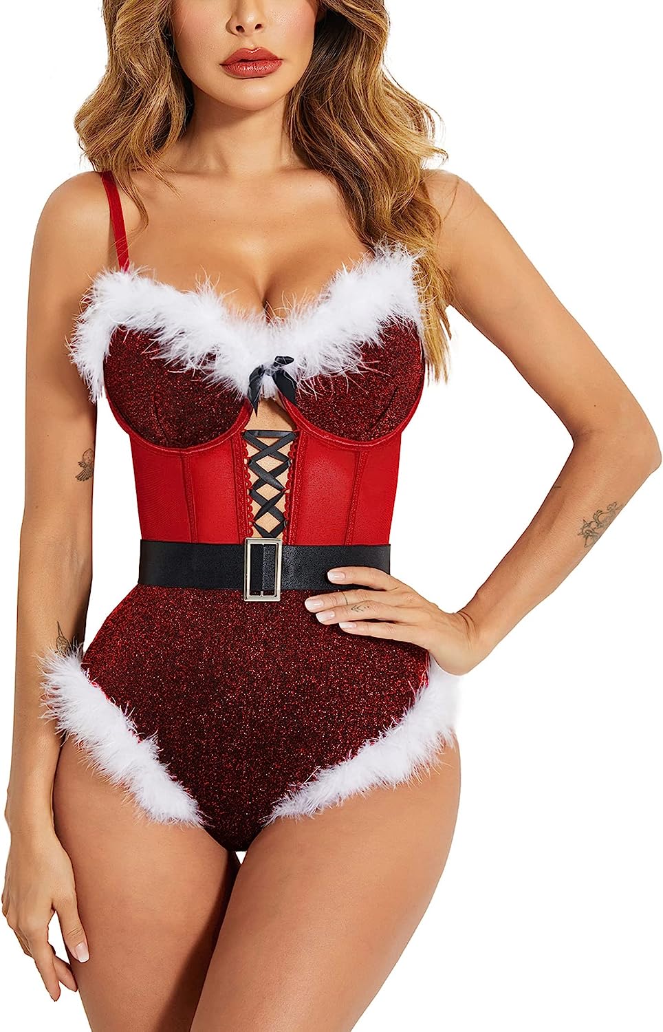 Avidlove Lingerie For Snap Crotch Bodysuit Santa Costumes Deep V Boudior Outfits With Underwire and Belt