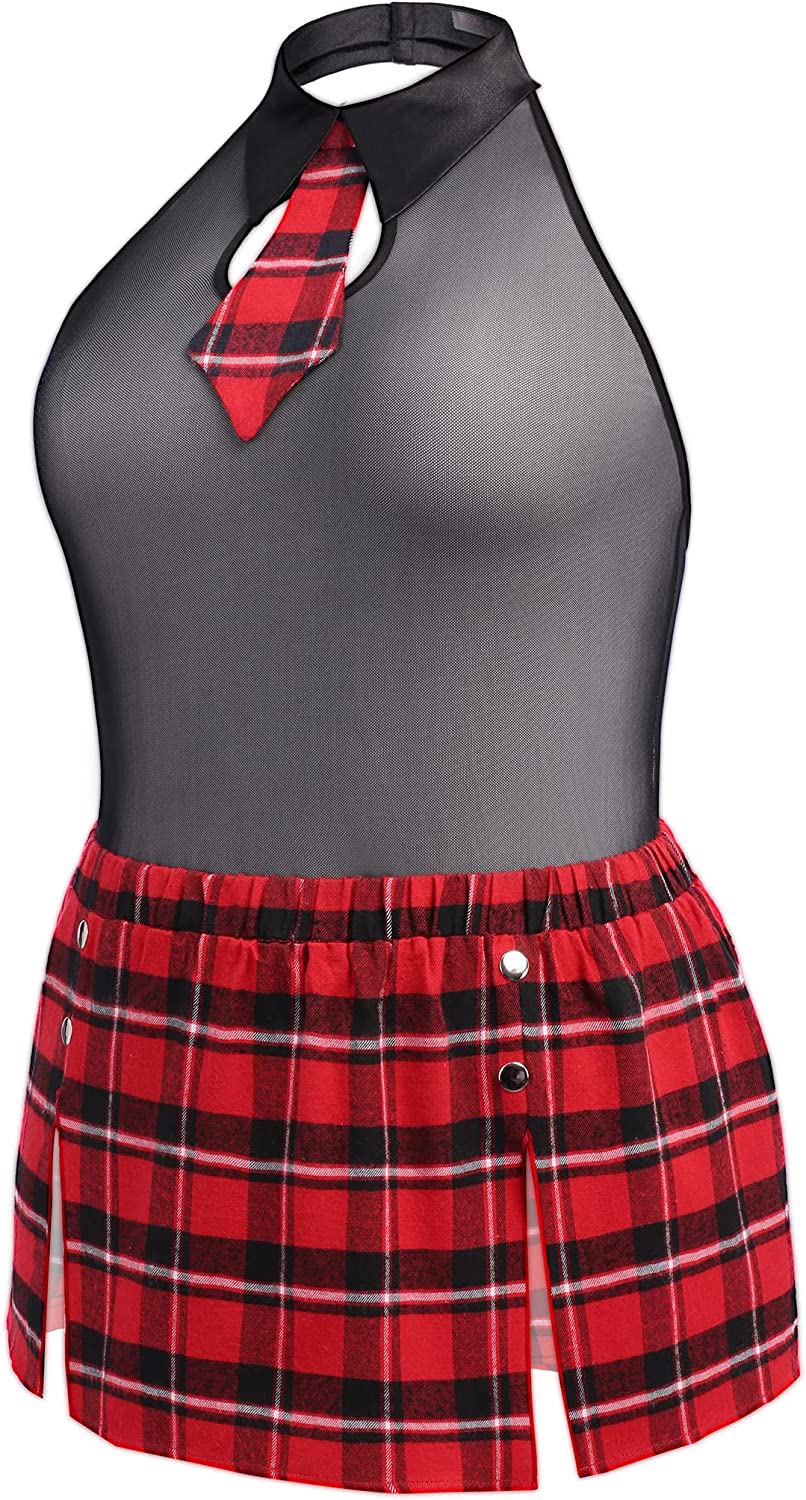 Avidlove Plus Size Lingerie Lingerie Set with Tie Halter Snap Crotch Teddy Bodysuit Plaid Skirt L-4XL