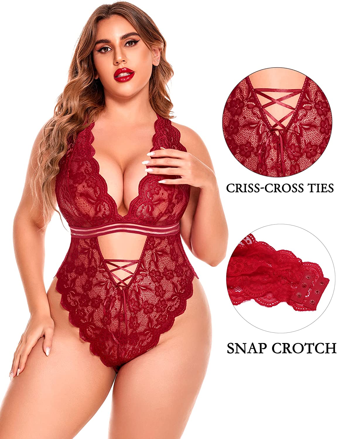 Avidlove Plus Size Lingerie Snap Crotch Teddy Bodysuit One Piece Lace Babydoll 14-24 Plus