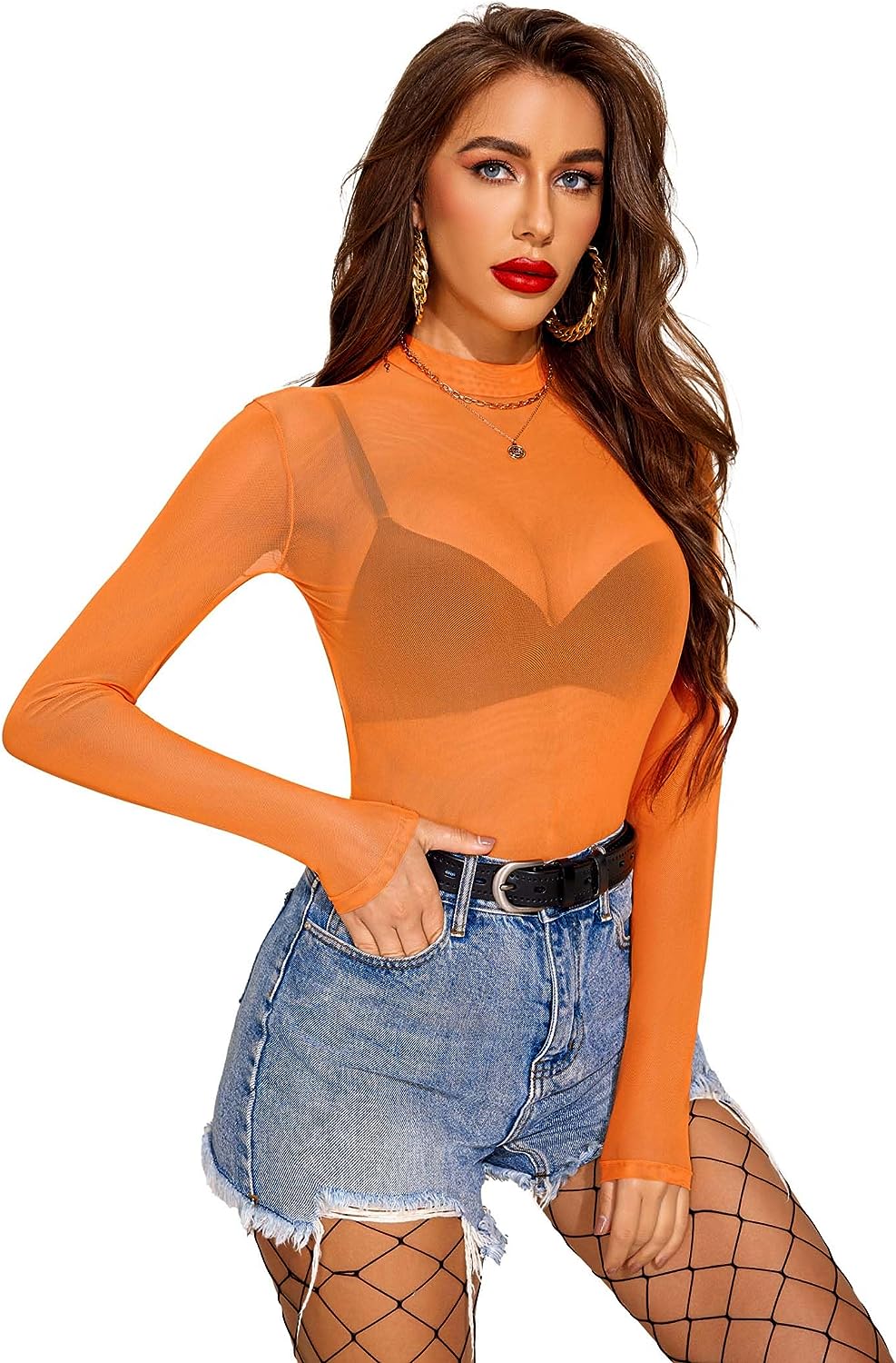 Avidlove Mesh Top Mesh Crop Top for Long Sleeve Mock Neck S-XXL