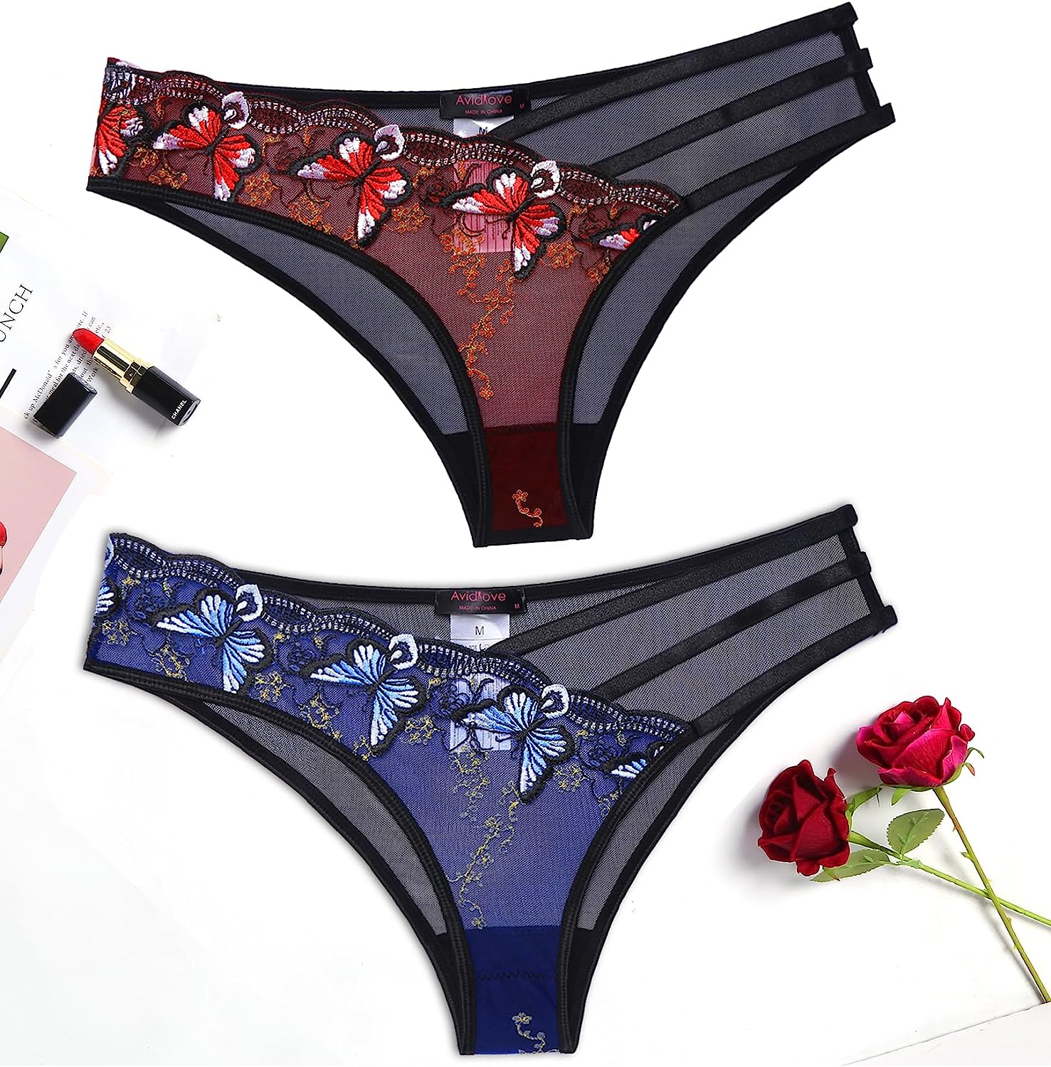 Avidlove Panties for Butterfly Embroidered Underwear Mesh Panties Pack