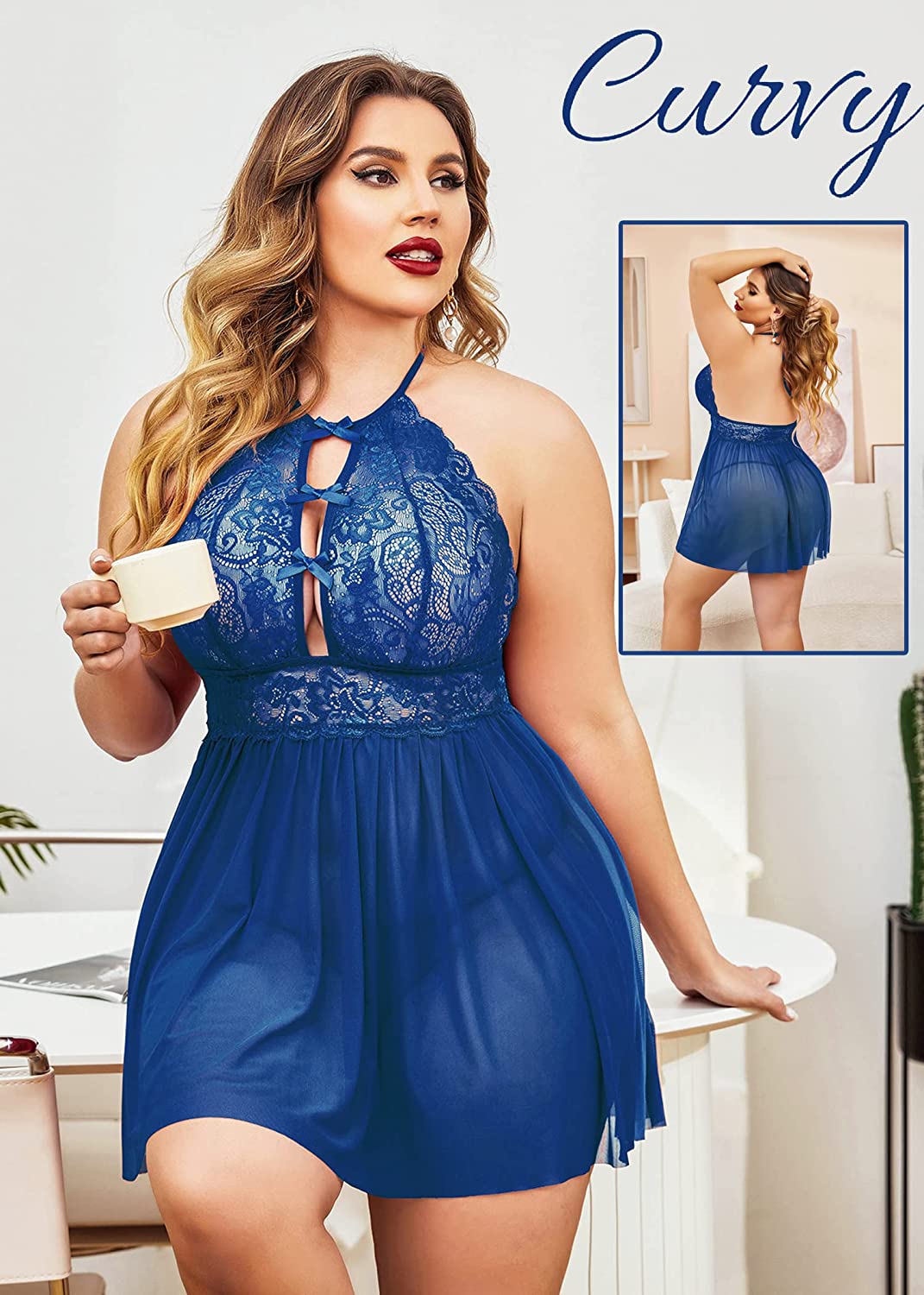 Avidlove Plus Size Lingerie For Lace Babydoll Strap Chemise Halter Neck Mesh Sleepwear Bandage