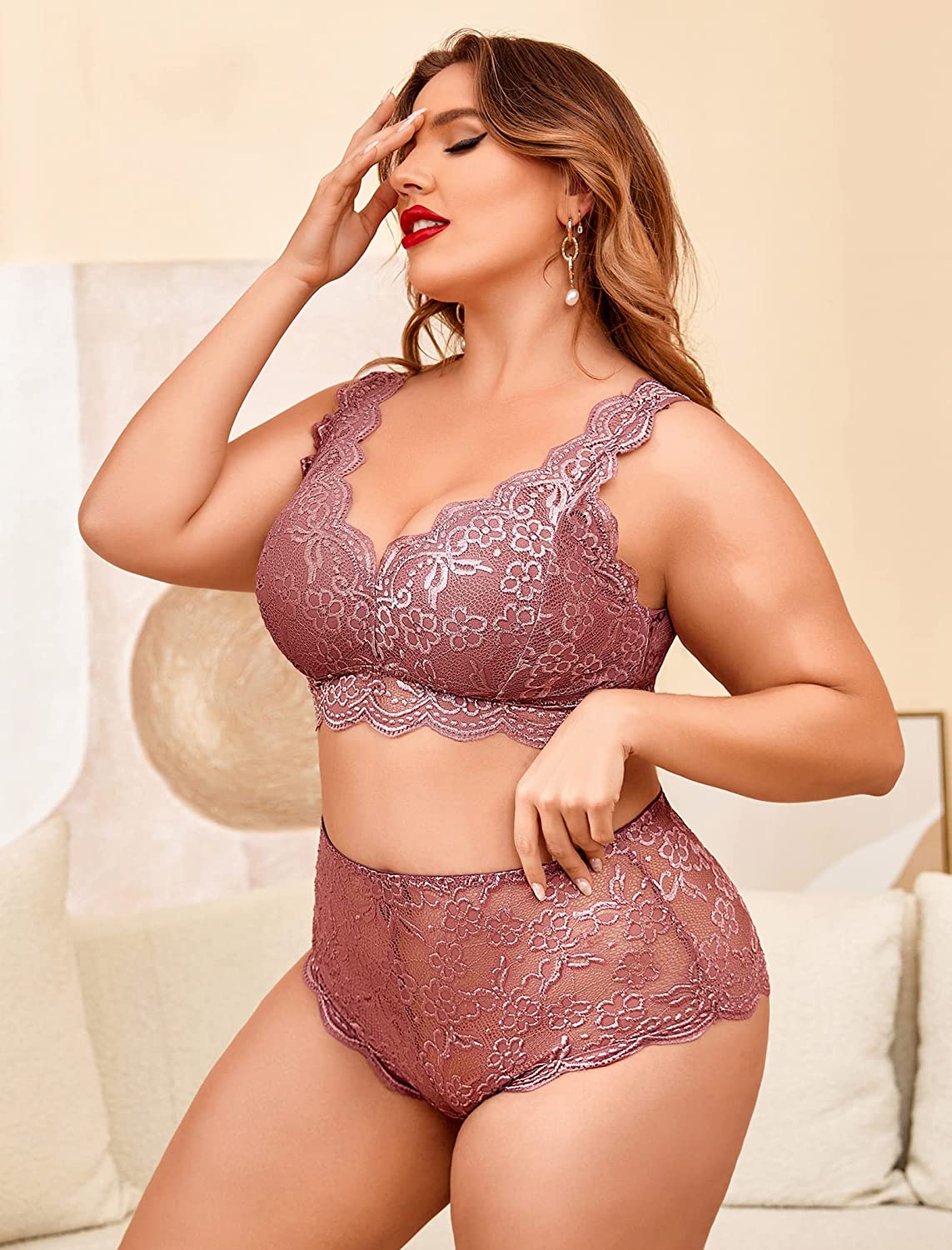 Avidlove Plus Size Lingerie Set Lace Halter Bralette High Waist Panty Set