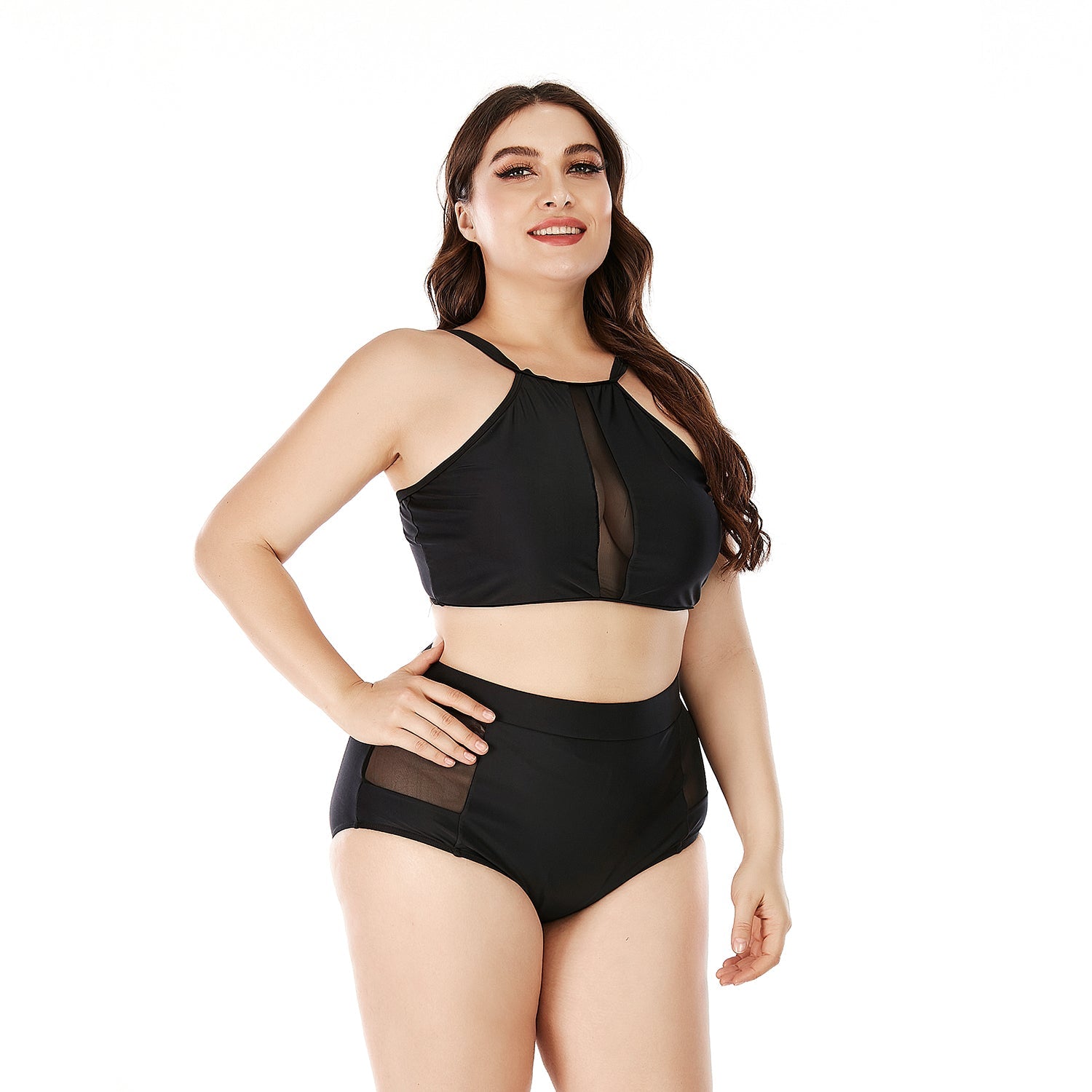 SiySiy Plus Size Two Piece Swimsuit Mesh Pure Black Swimsuit