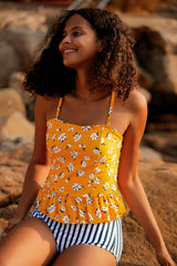 Revneu  Floral Print Striped Retro Spaghetti Strap Tankini