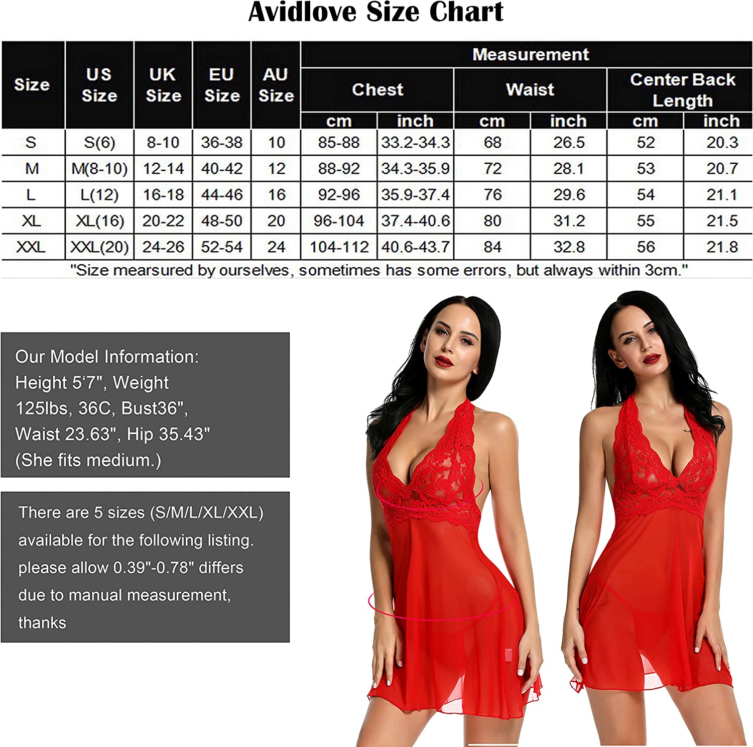 Avidlove Lingerie Halter Chemise Lace Babydoll Mesh Nightwear V Neck Teddy