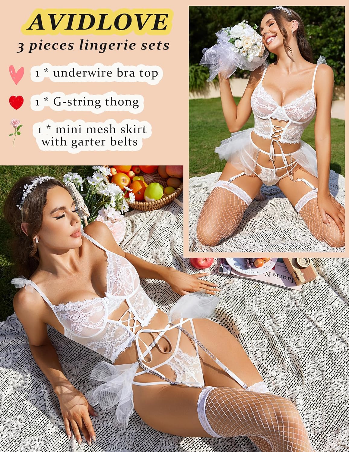 Avidlove Lingerie Sets Garter Sets 3 Piece Underwire Bra and Panty Sets With Mesh Mini Skirts S-XXL