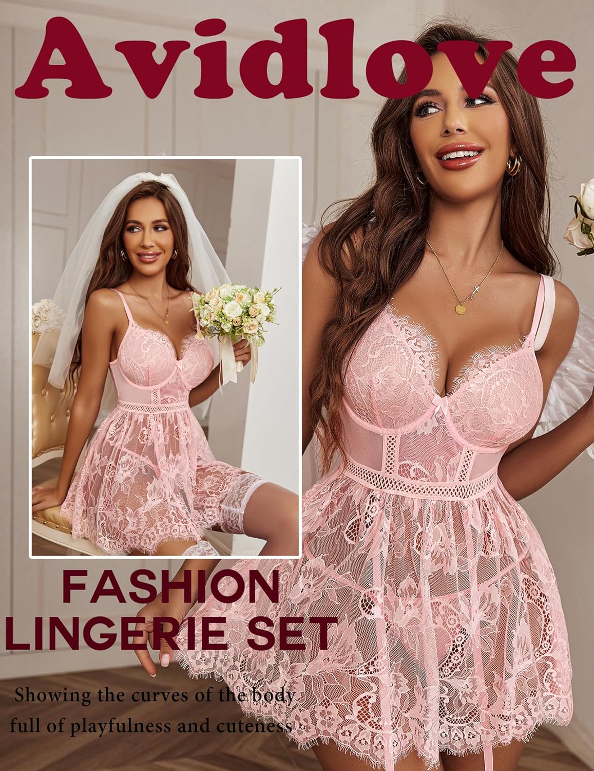 Avidlove Lingerie for Lace babydoll Sleepwear with Garter Belt Slip Dress S-XXL