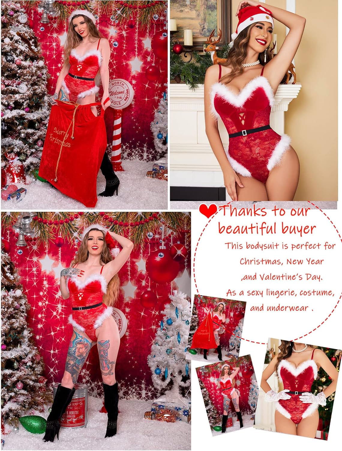 Avidlove Christmas Lingerie Santa Teddy Bodysuit Contrast Velvet Lace Lingerie