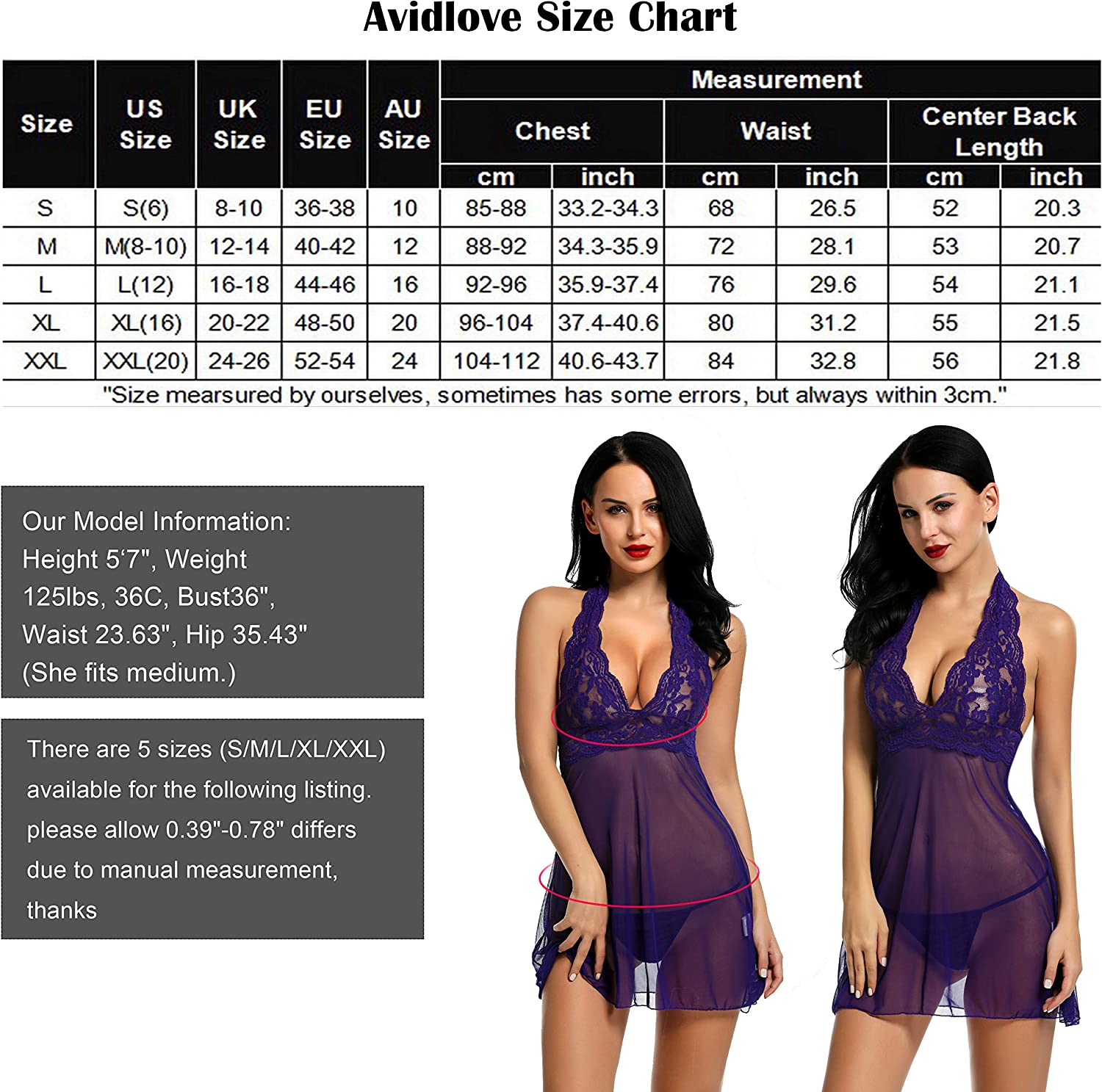 Avidlove Lingerie Halter Chemise Lace Babydoll Mesh Nightwear V Neck Teddy