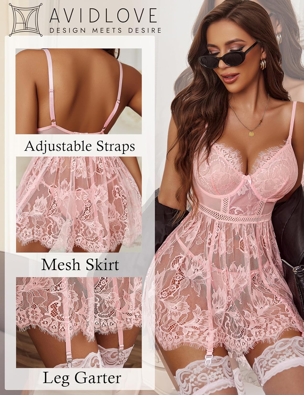 Avidlove Lingerie for Lace babydoll Sleepwear with Garter Belt Slip Dress S-XXL