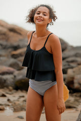 Revneu  Stripe Patchwork Romantic Layered Ruffles Tankini