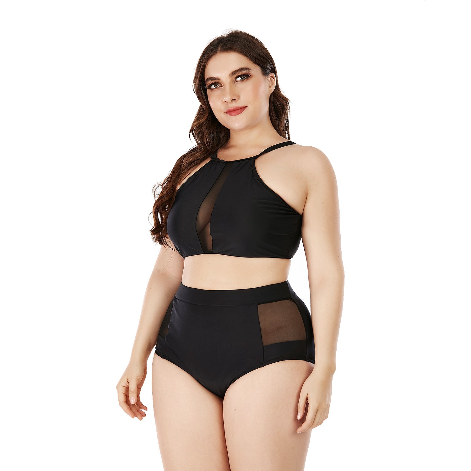 SiySiy Plus Size Two Piece Swimsuit Mesh Pure Black Swimsuit