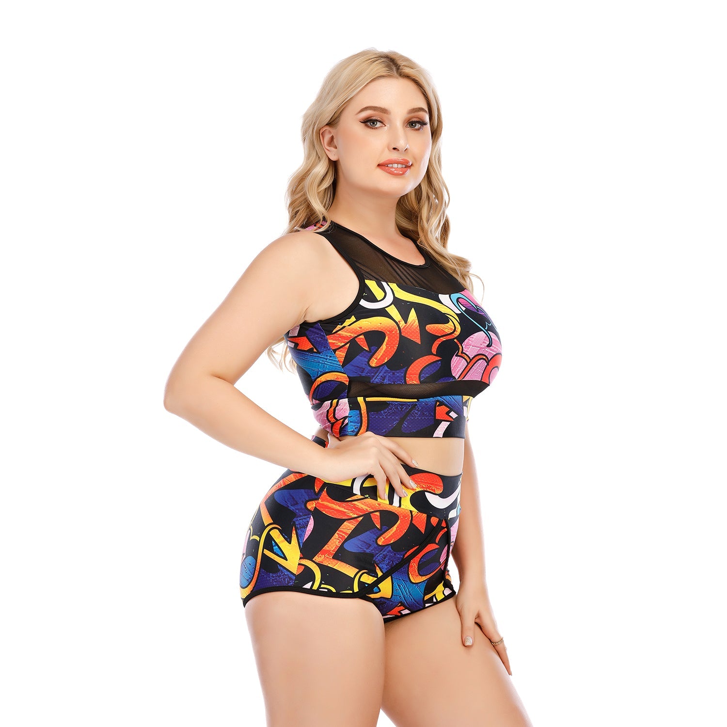 SiySiy Plus Size Two Piece Crew Neck Sleeveless Swimwear Triangle Bottom Letter Color Pattern Swimsuit