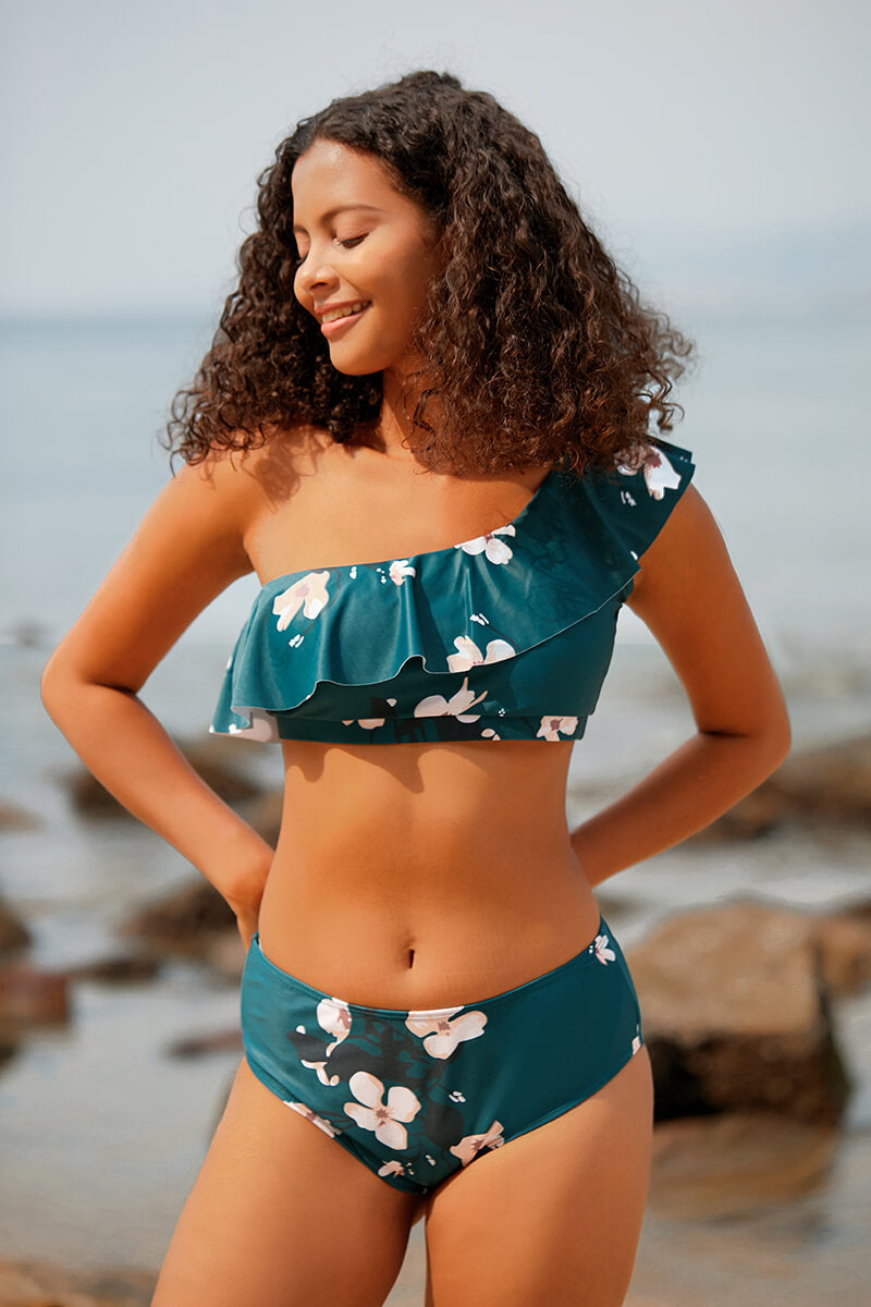 Revneu  Flower Print Cute High Waisted Bikini