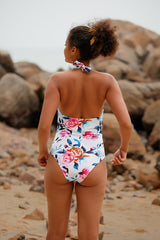 Flower Print Unique Striped One Piece Swimwear