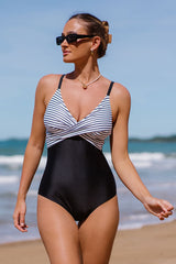 Revneu  Stripe Print Patchwork Design One Piece Swimwear