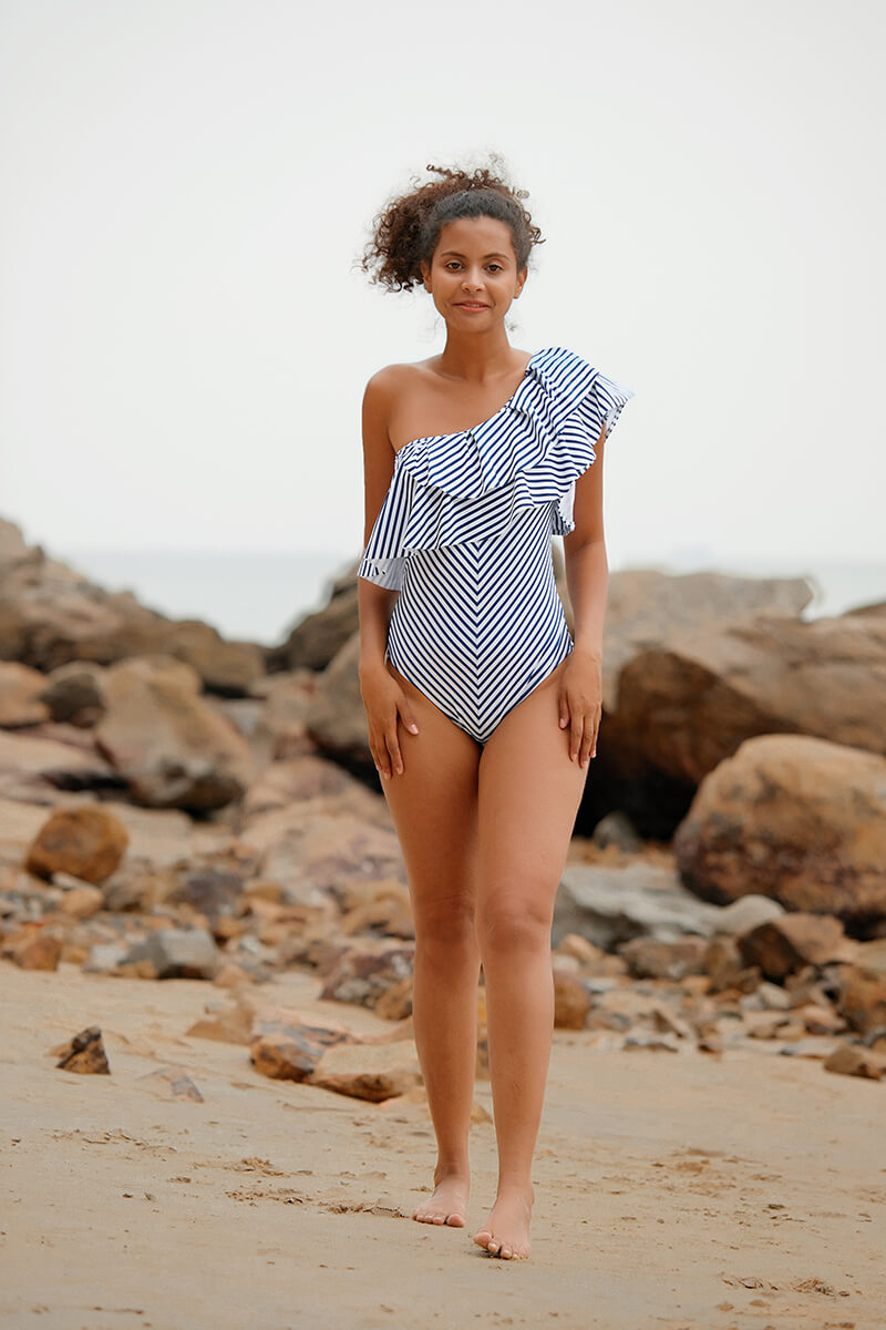 Revneu  Striped On-trend Irregular Falbala One Piece Swimwear