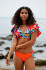 Revneu  Floral Print Falbala V Neck Feminine Beach Bikini