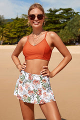 Revneu Orange Floral Print Sweet Bikini Skirt Set