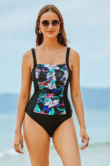 Flower Print Ruched Elegant Square Collar Tankini