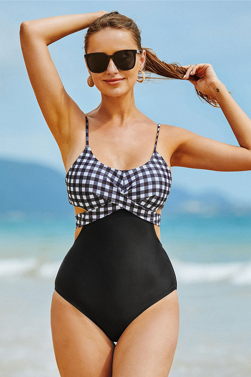 Grid Classic Patchwork Cutout Wrap One Piece Swimwear