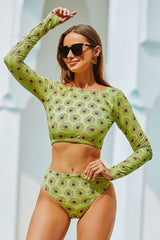 Sunflower Print Long Sleeve Sweet Backless Lace-Up Bikini