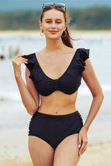 (Clearance) Black Elegant High Waisted Ruffle Hem Ruched Bikini