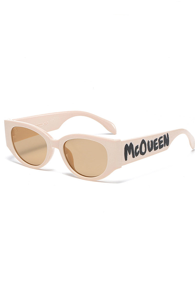Letter Print Modern Ellipse Beige Sunglasses