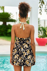Gold Retro Floral Print Feminine Halter Collar Skirted Tankini