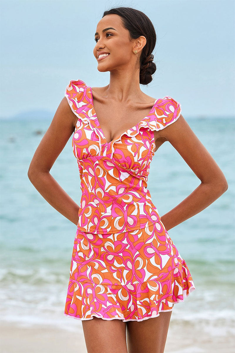 Floral Print V Neck Rocking Ruffles Tankini