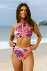 Floral Print Rocking Halter Collar High Waist Bikini