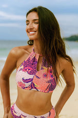 Floral Print Rocking Halter Collar High Waist Bikini