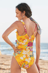 Floral Print Stunning Ruffles Lace-Up One Piece Swimwear