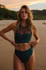 Floral Print Smart Mesh Patchwork Round Neck Bikini
