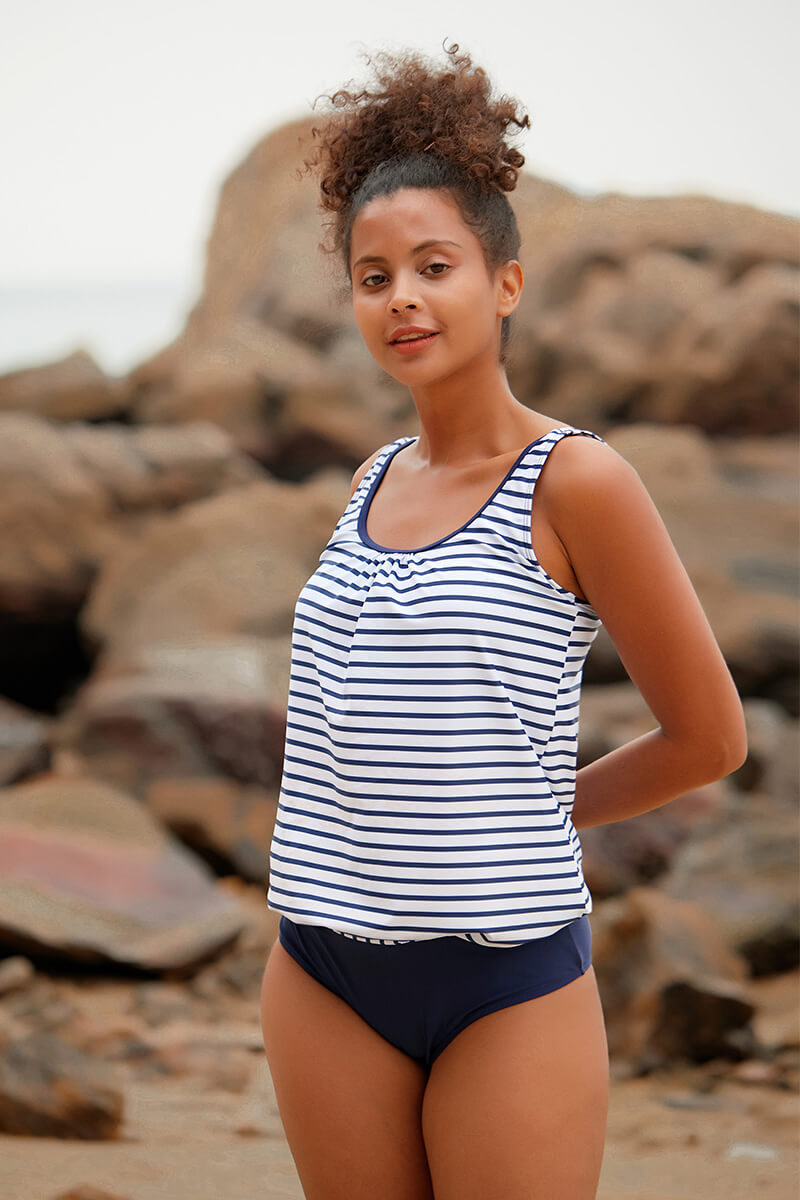 Revneu  Stripy Classic Navy Blue Tankini Flash Sale