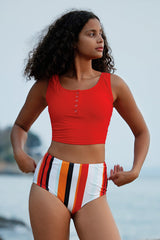 Revneu  Strawberry Print Sweet Button Down Tankini