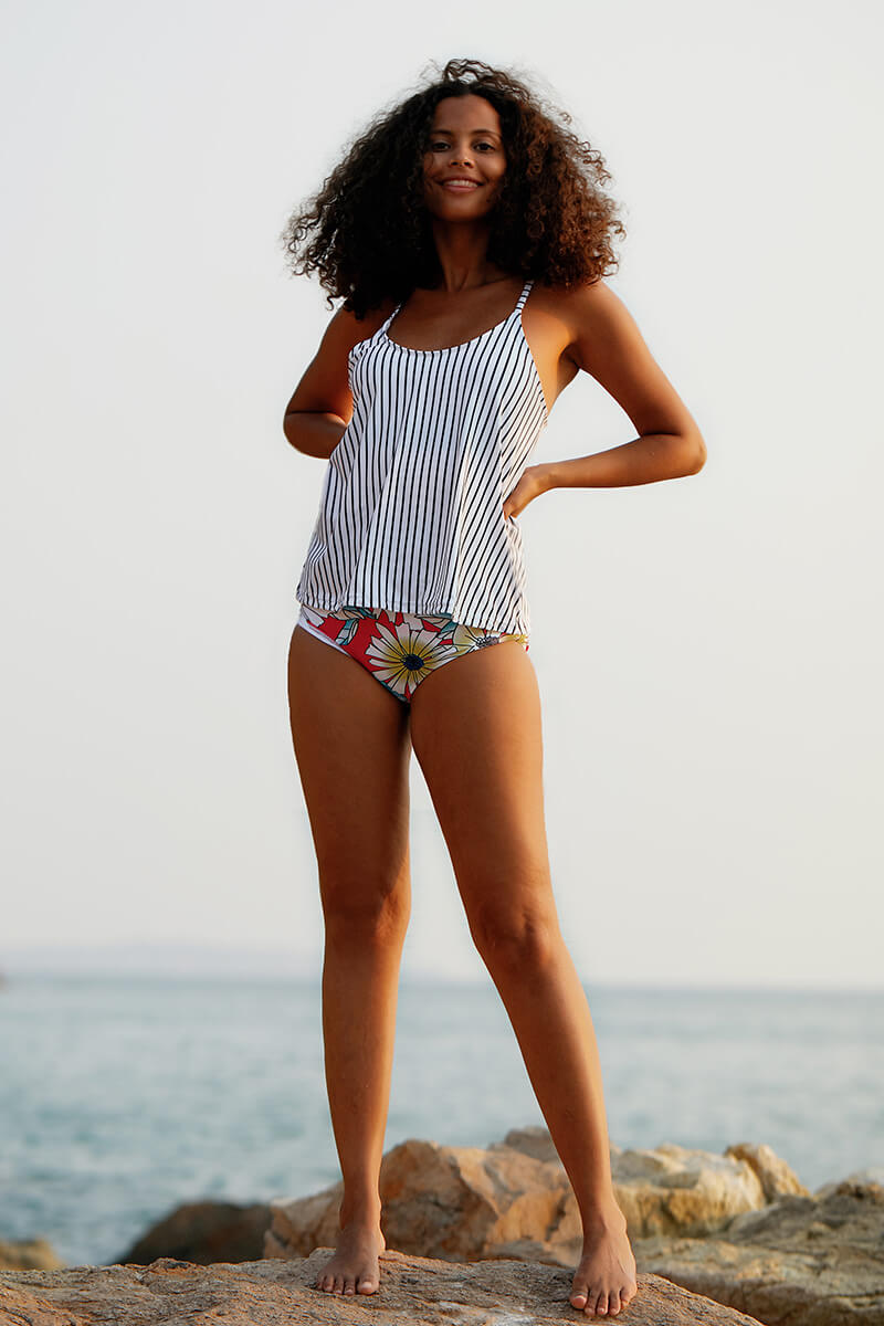 Revneu  Floral Print Striped Sweet Tankini