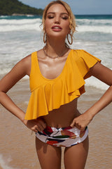 Yellow Natural Print Stylish High Waisted Falbala Irregular Bikini