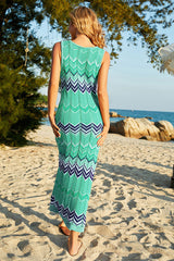 Revneu Wavy Lines Green Romantic Hollow-Out Knitted Beachwear