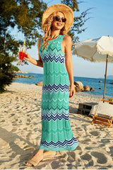 Revneu Wavy Lines Green Romantic Hollow-Out Knitted Beachwear