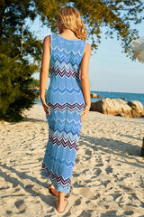 Revneu Wavy Lines Blue Romantic Hollow-Out Knitted Beachwear
