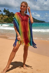 Revneu Rainbow Colorful Hollow-Out Side Slit Tassels Beachwear
