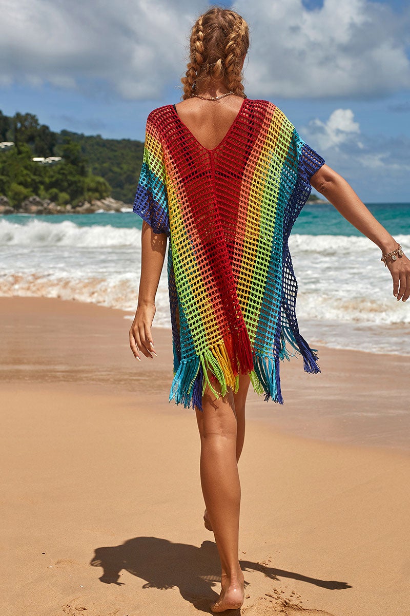 Revneu Rainbow Colorful Hollow-Out Side Slit Tassels Beachwear