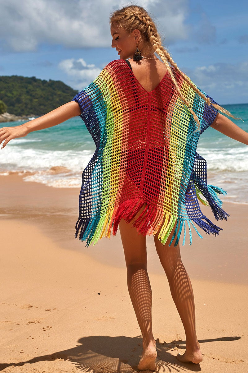 Revneu Rainbow Colorful Hollow-Out Side Slit Tassels Beachwear