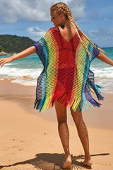 Revneu Rainbow Colorful Hollow-Out Side Slit Tassels Beachwear