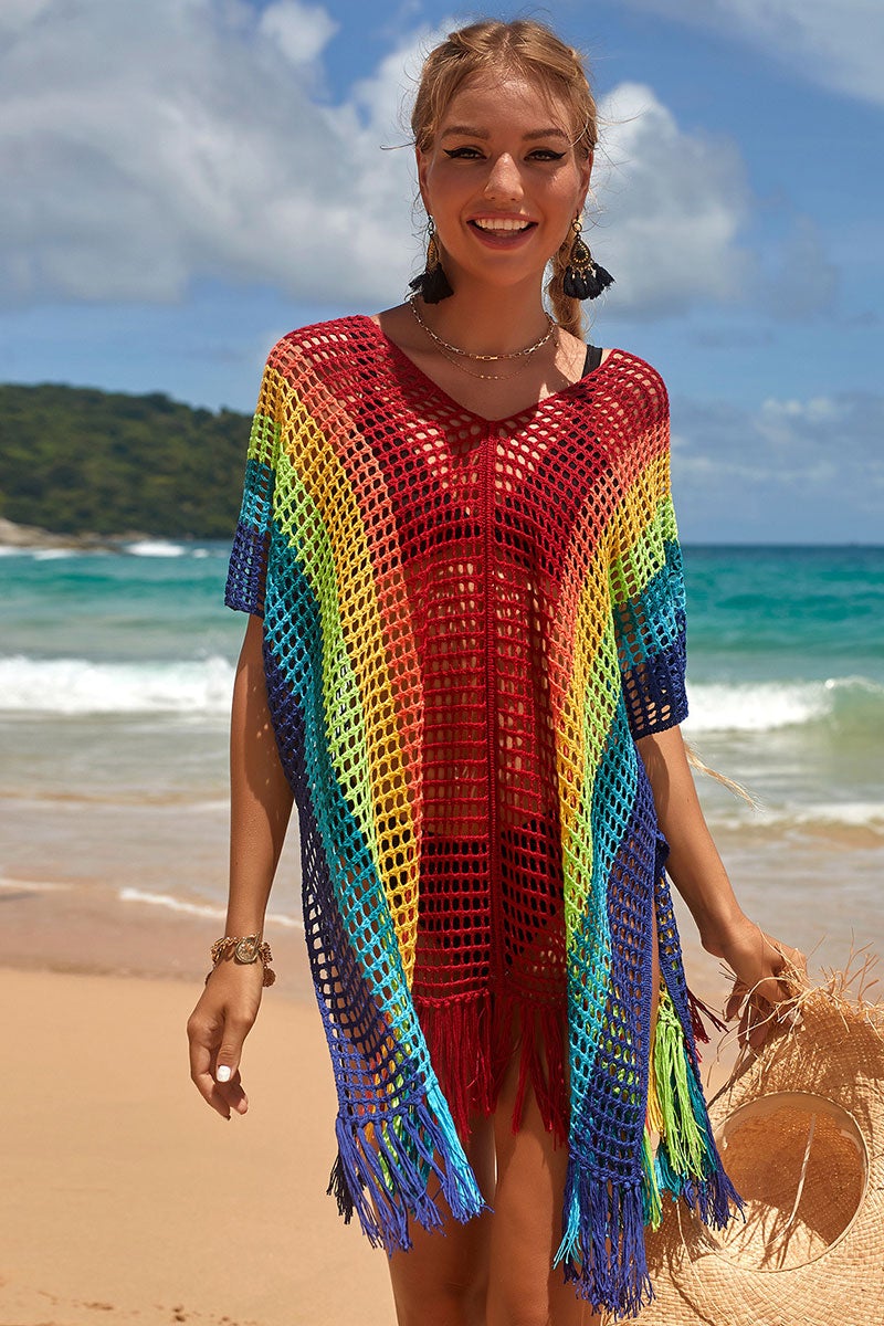 Revneu Rainbow Colorful Hollow-Out Side Slit Tassels Beachwear