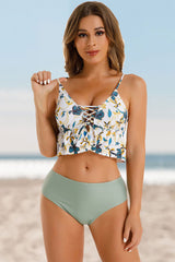 Floral Print Strappy Sweet Ruffle Hem Bikini
