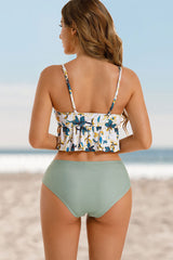 Floral Print Strappy Sweet Ruffle Hem Bikini