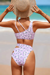 Floral Print Unique Metal Buckle Cutout Bikini